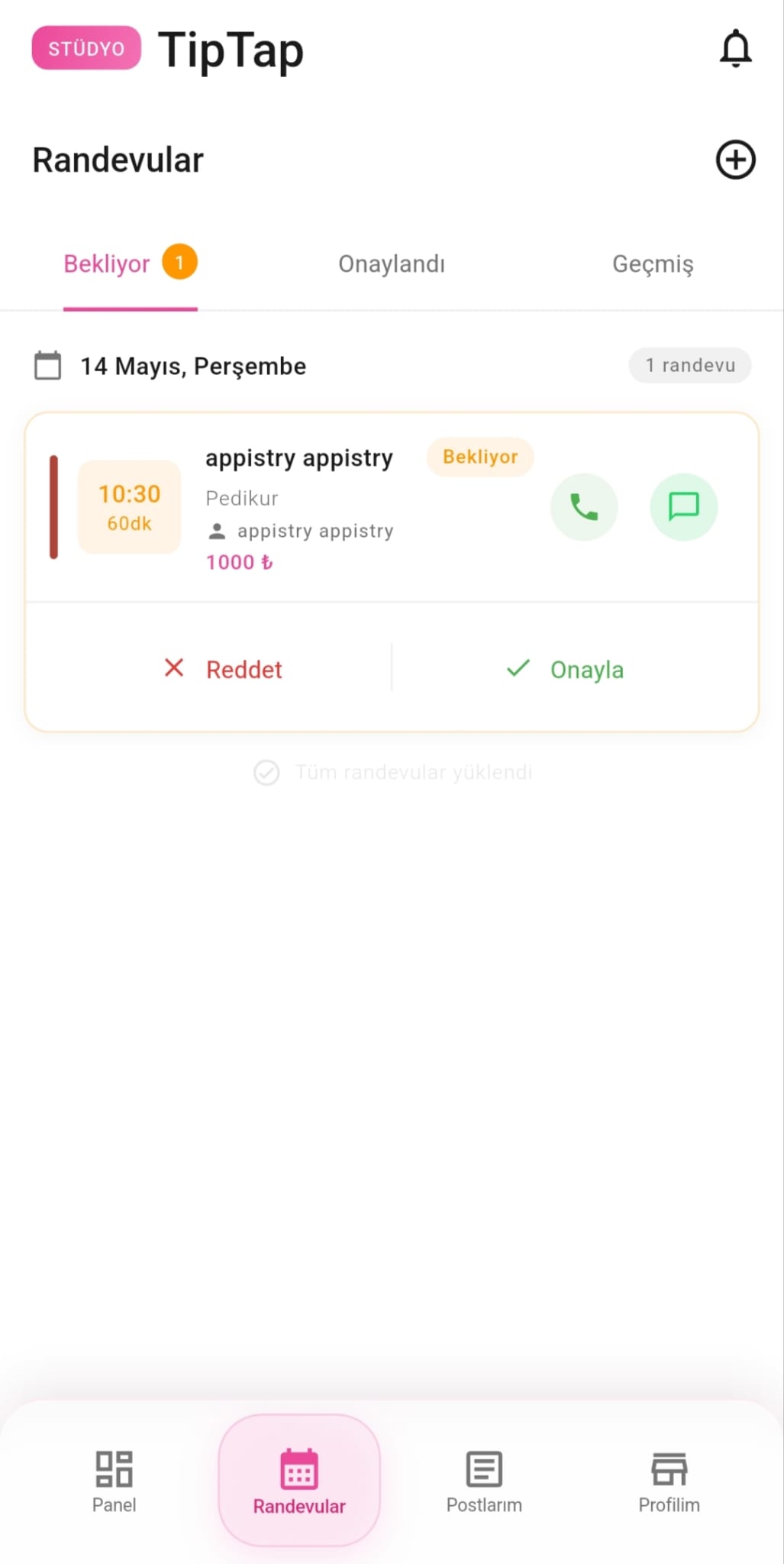 Tiptap — onay bekleyen randevu talepleri listesi