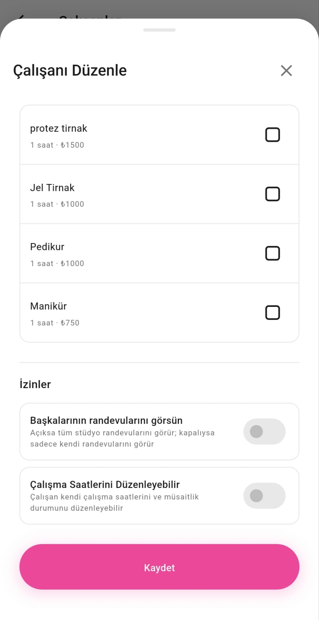 Tiptap çalışan düzenleme — randevu görünürlüğü ve saat izinleri