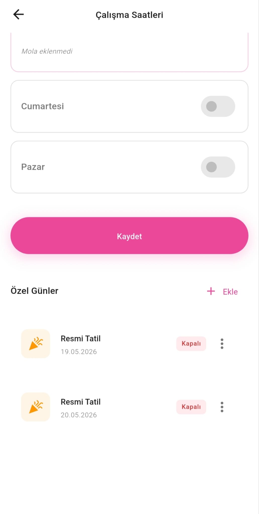 Tiptap: özel günler — resmi tatiller ve istisna tarihler