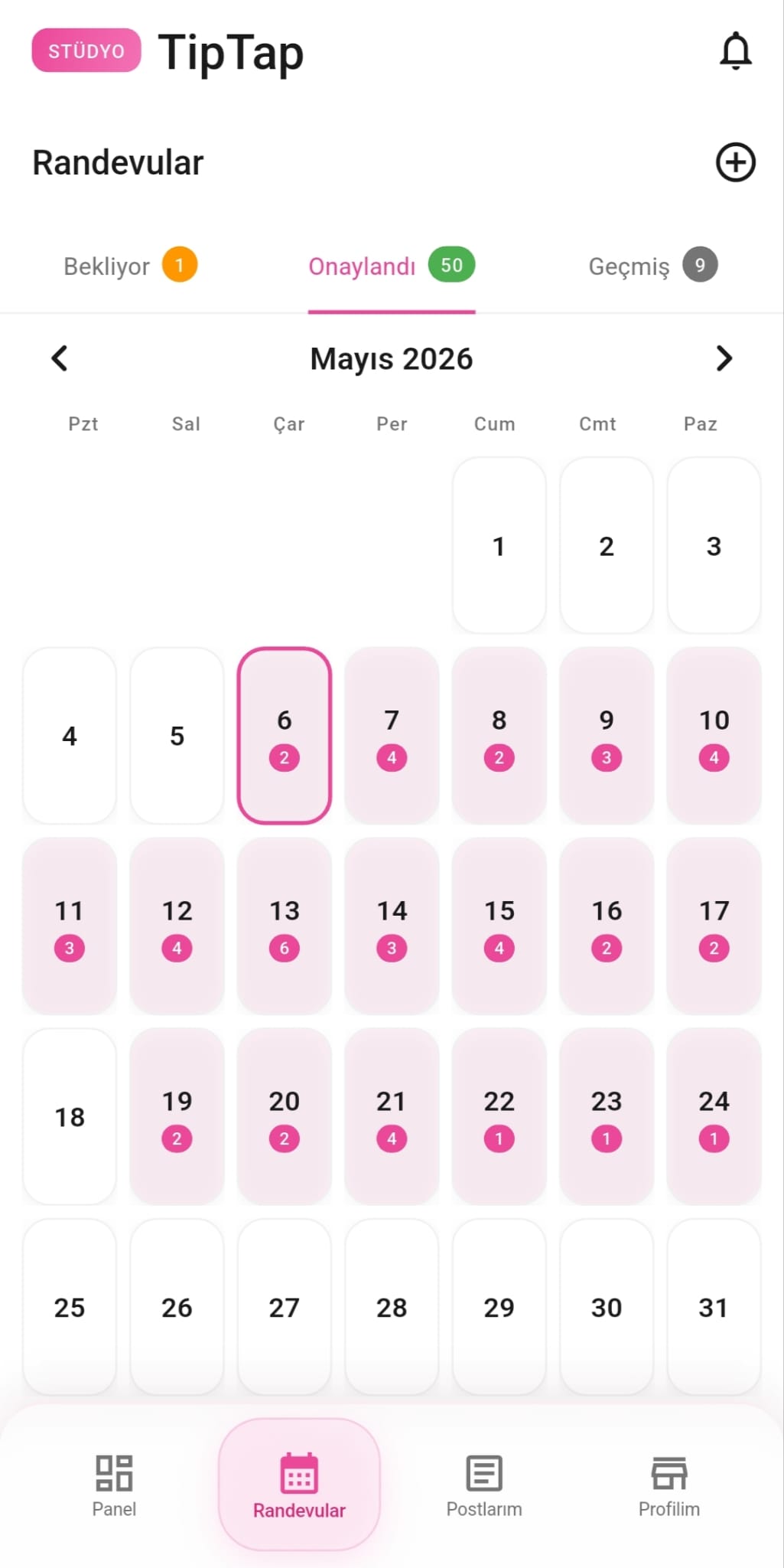 Tiptap — yaklaşan onaylı randevular, takvim görünümü