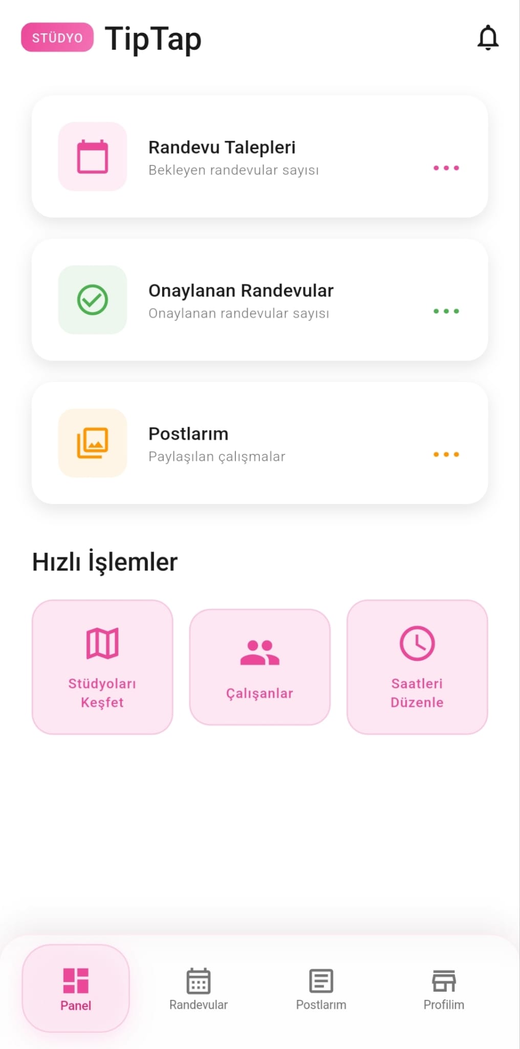 Tiptap — stüdyo ana sayfası ve bölümlere kısayollar