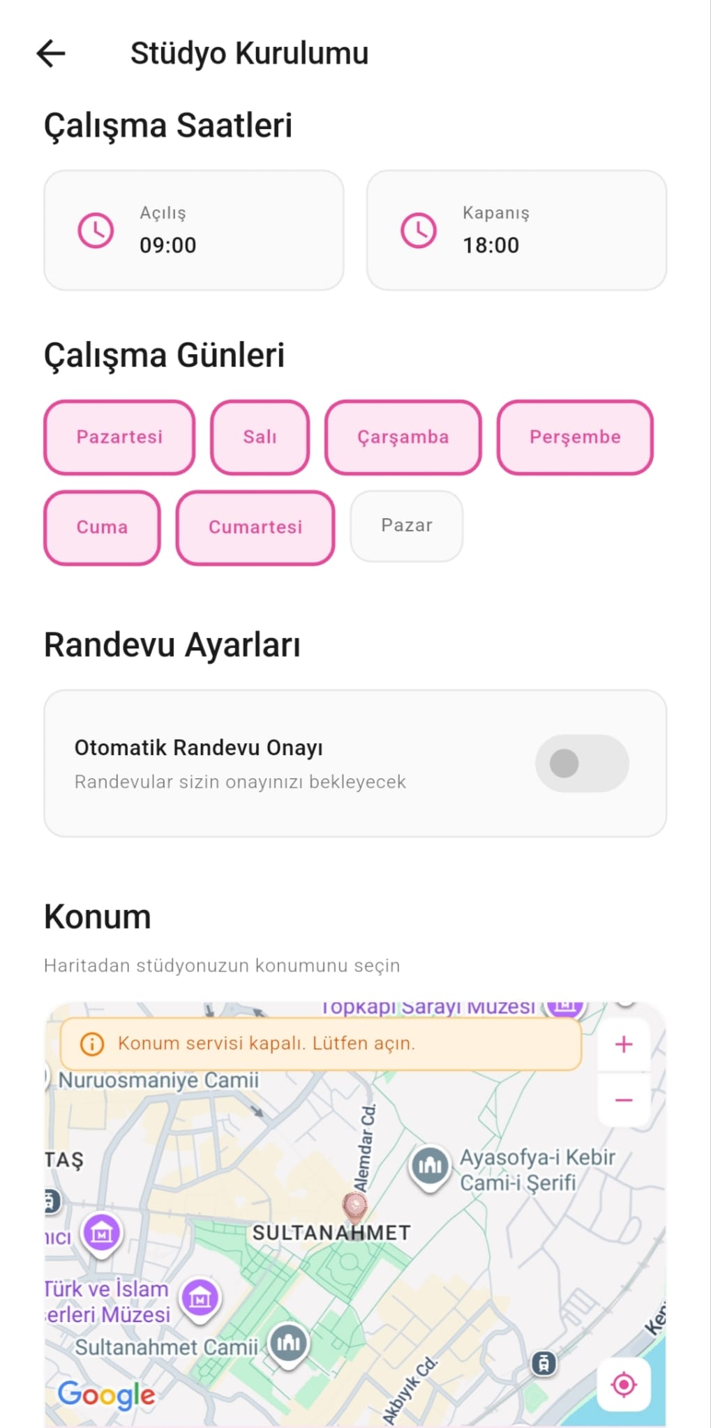 Tiptap kurulum ikinci ekranı: çalışma saatleri, otomatik onay anahtarı, harita konumu